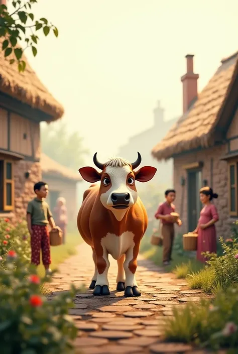 A cow in a village with people