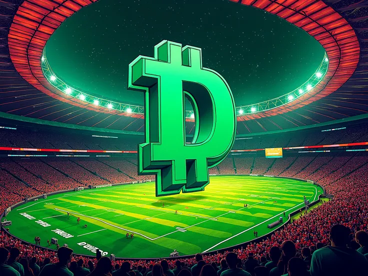 A telebims on super bowl stadium with green logo of a 'Digicoin' similar like bitcoin but made with green 'D'  in the middle  , acid style  , drugs colours , high quality detalis , high quality , yellow colours , acid theme , add also some red theme ,