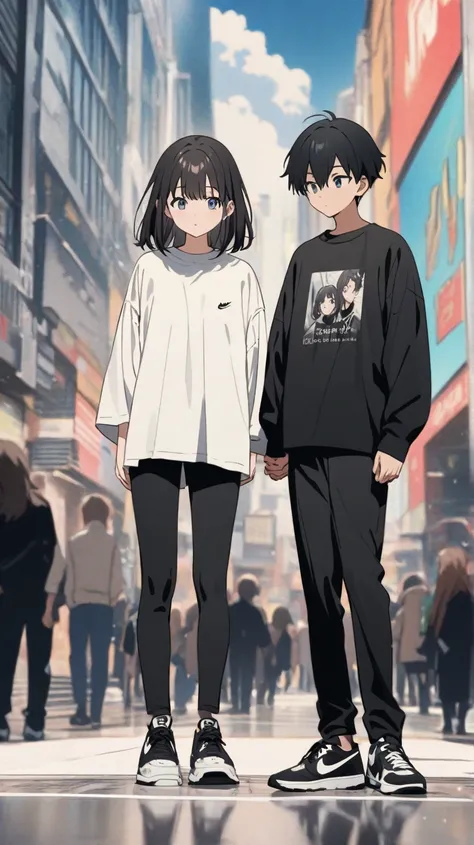 Make an image of two young people in the anime version who are walking together hand in hand through the city and around them there are a lot of people also in the anime version who are 80% out of focus the young man is 1.74cm and the young woman is 1.68cm...