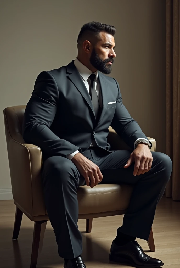  Muscular man, wearing a suit,  sitting in a chair, lateral angle