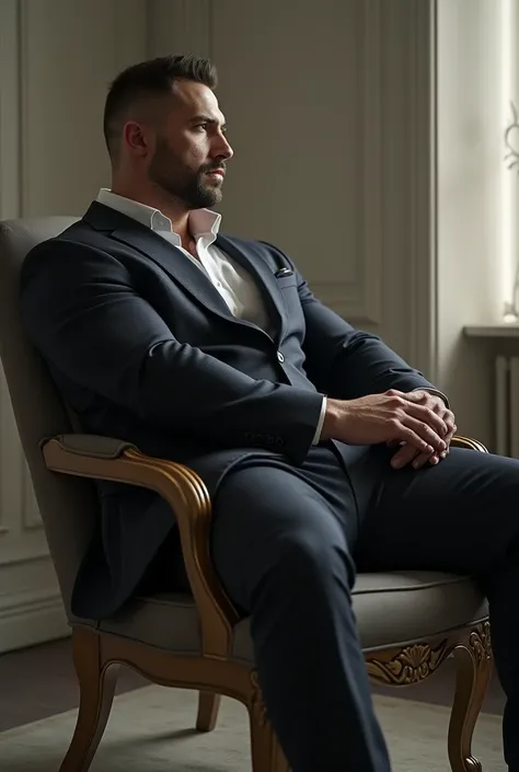  Muscular man, wearing a suit,  sitting in a chair, lateral angle