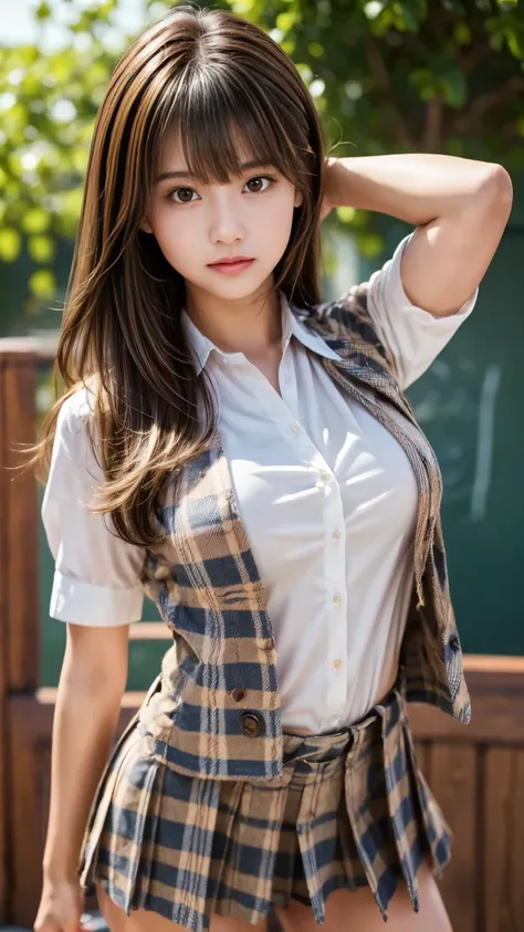  Masterpiece, Top Quality, very detailed, Hi-Res, creative girl with nipples exposed from under her shirt {x} school classroom, small smile ,(well-proportion:1.3),Sexy latino ,(cowboy shot:1.3),( focusing on thighs :1.4),(Stylish high school girl uniform :...