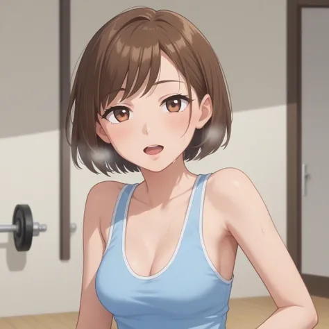 masterpiece, best quality, amazing quality, highres, absurdres, very aesthetic, high resolution, ultra detailed, perfect details, 1girl, solo, gym background, indoors, day, medium breasts, taniyama mai, short hair, brown hair, swept bangs, brown eyes, blue...