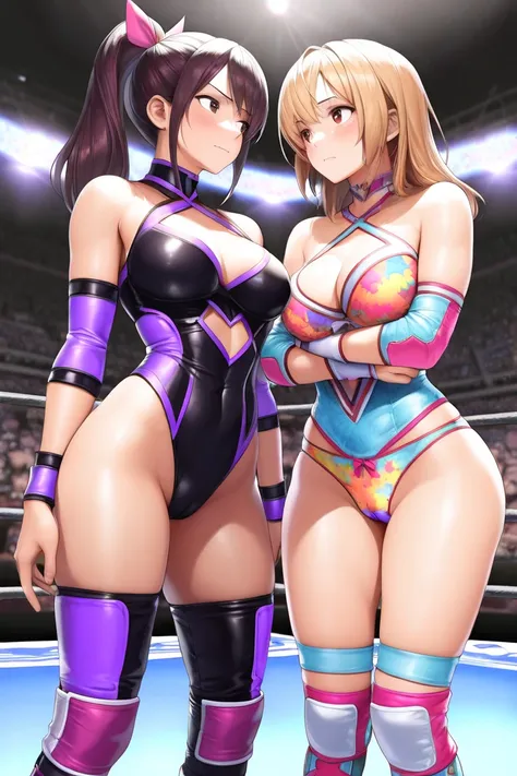  2 women, Heroine Female Pro Wrestler vs. Villain Queen Wrestler,  2 people staring at each other ,   colorful underwear   ,Heroine abuse  ,I'm going to ask you to show me your pussy,((( Masterpiece)))), ((  Unity 8k Wallpaper,  photorealistic  , ((  detai...