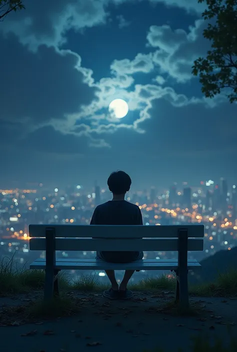 Magic, VIP, (Masterpiece:2.0, Hyper Realistic:2.0, RAW, UHD, Ultra clean Quality, Ultra highly Resolution), camera from a height, at heavy night, A black-haired Asian male ager, daydreaming, sitting in a park, his back to the camera, only seen from behind,...