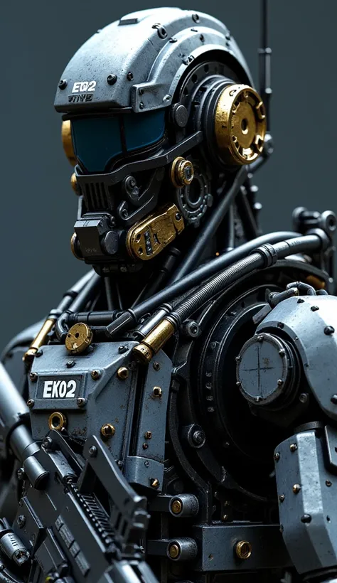 A highly detailed, hyperrealistic, close-up of a futuristic cyborg soldier. The cyborg is positioned in a dynamic stance, showcasing intricate mechanical details, including a complex exoskeleton made of dark grey and black metal, and numerous rivets, pipes...