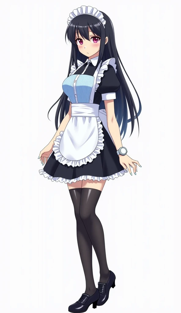  Japanese anime adolescent woman with long straight black hair and intense magenta eyes and light blue nails and a white watch and wears a maid's uniform with blue and white colors.  Her dress has a light blue vertical stripe pattern with black details , l...