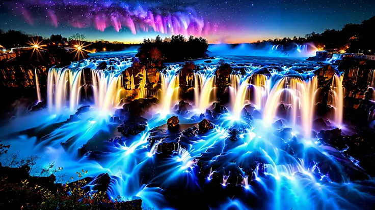 A masterpiece in 32K resolution , Top Quality , very detailed, realistic expression, high-resolution 32K wallpaper , shot with a fisheye lens , The flow of many layers of waterfall , Niagara Falls , spectacular scale ,A very high waterfall ...