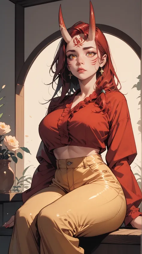 Close Up Face Anime Oni, Horn Sorriso Malefico ,  big canines, red blouse, golden pants .  big breasts sitting .  Perfect Lighting High Resolution Ultra Detailed. 