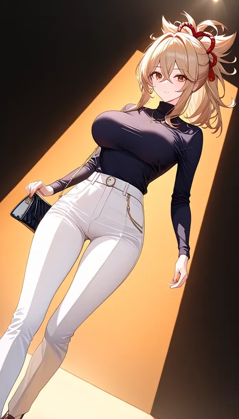 a woman wearing a black turtleneck, white trousers, and black loafers, holding a sleek black handbag, high quality, fashion ,cinematic lighting, elegant, minimalist style, (best quality,4k,8k,highres,masterpiece:1.2),ultra-detailed,sharp focus,physically-b...