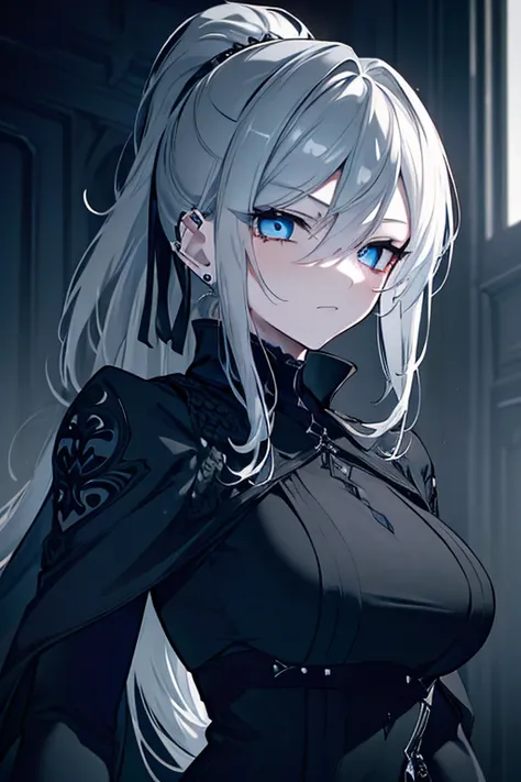 beautiful silver hair, long hair, ponytail, piercing blue eyes, sexy assassin dress, dark atmosphere, masterpiece, photorealistic, 8k, ultra-detailed, highly detailed, intricate details, dramatic lighting, cinematic, dark fantasy, elegant, mysterious, powe...