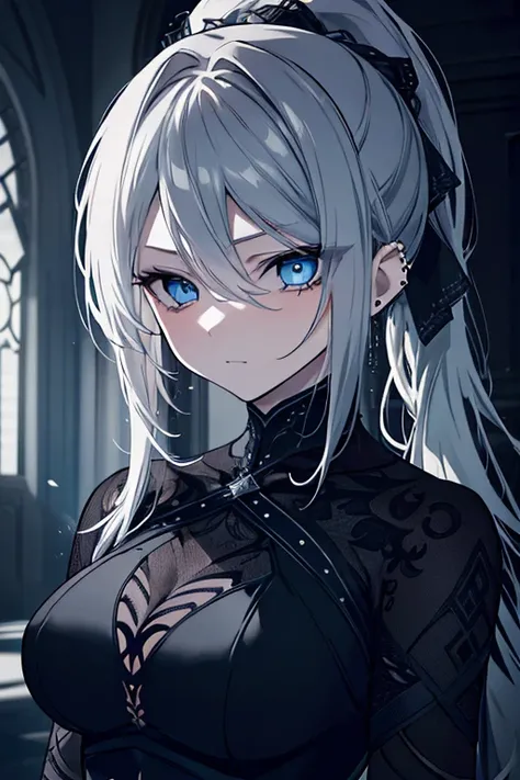 beautiful silver hair, long hair, ponytail, piercing blue eyes, sexy assassin dress, dark atmosphere, masterpiece, photorealistic, 8k, ultra-detailed, highly detailed, intricate details, dramatic lighting, cinematic, dark fantasy, elegant, mysterious, powe...