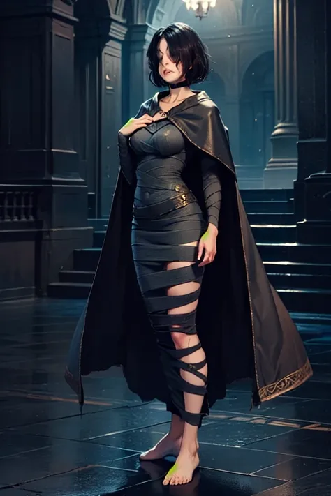 (masterpiece:1.2), (best quality, highest quality), (ultra detailed), (8k, 4k, intricate),(full-body-shot)   maideninblack, cape, black dress, bandages, covered eyes, bare feet, cape, black dress, bandages, covered eyes, bare feet