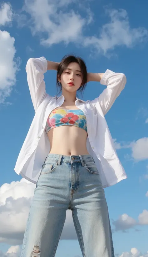 [Prompt: Low-angle, full shot photograph of a young thai woman against a vibrant blue sky dotted with fluffy white clouds, shot with an iPhone 16 Pro Max in portrait mode, utilizing a wide-angle lens with an approximate focal length of 26mm, f/1.8 aperture...