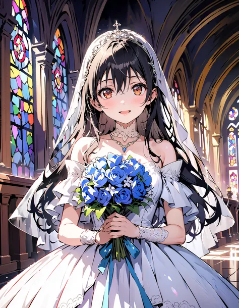 Sonoda Kai   ,   long hair, bangs,  brown eyes,   lantern,smile,,   open your mouth  ,  off shoulder wedding dress, wedding long skirt with a bouquet of flowers in both hands, Veil,  tiara  ,  necklace,bouquet, Blue Flower,  standing,  stained glass  ,whol...