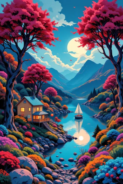 A fantastic crimson sunset in a fabulous forest.  Turquoise Lake Ukiyo-e in the jungle - anime.  There is a small lemon-colored fairy-tale house with blue windows on the shore.  A glowing silver boat floats on the lake. Three rainbow eucalyptus trees, two ...