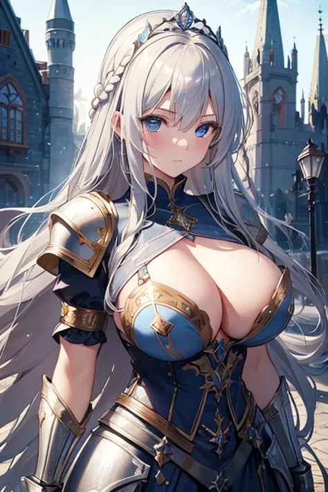 4K, Hi-Res, one woman, blond, long hair, braided, blue eyes, big breast, Princess Night,silver princess dress,,sideboob, full armor ,Heavy Armor, Princess Tiara,Jewelry Decorations , gold decoration ,Holy Sword, medieval castle town