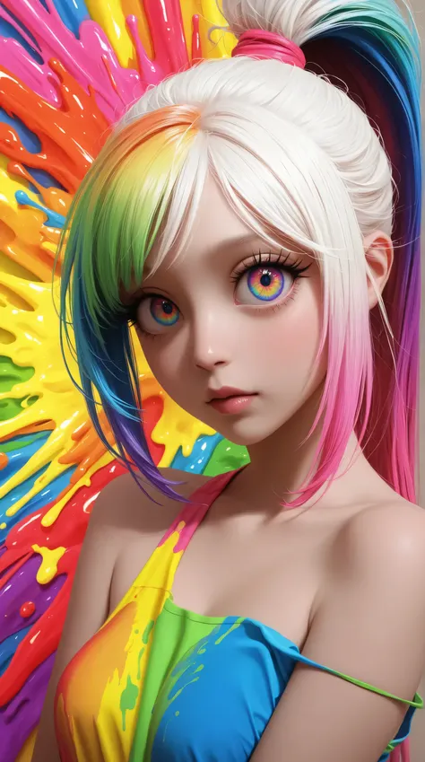 Rainbow of all colors , front,big eyes, crystal -clear, (rainbow color gradient high ponytail, long eyelashes,looking at the audience,big watery eyes, rainbow hair color, Color explosion, Color splash, Color explosion, Lacquer style bold, Messy stripes, ((...