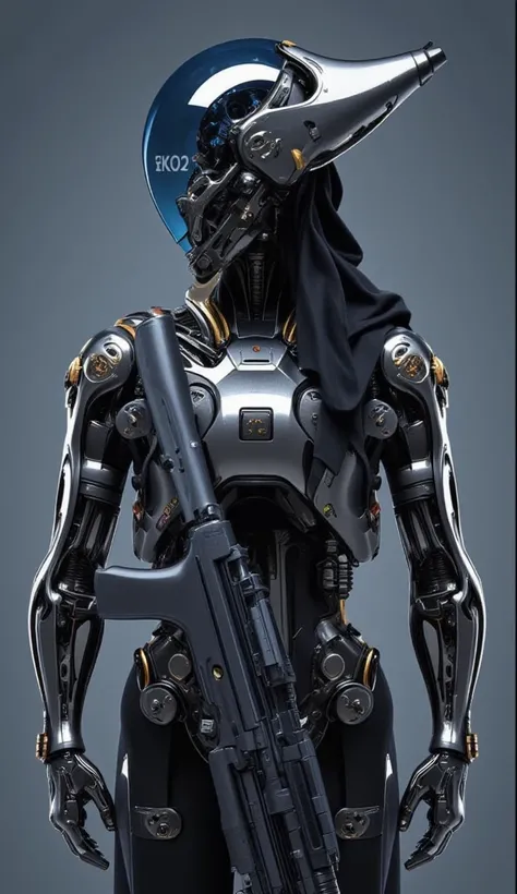 A highly detailed, hyperrealistic, close-up of a futuristic cyborg soldier. The cyborg is positioned in a dynamic stance, showcasing intricate mechanical details, including a complex exoskeleton made of dark grey and black metal, and numerous rivets, pipes...