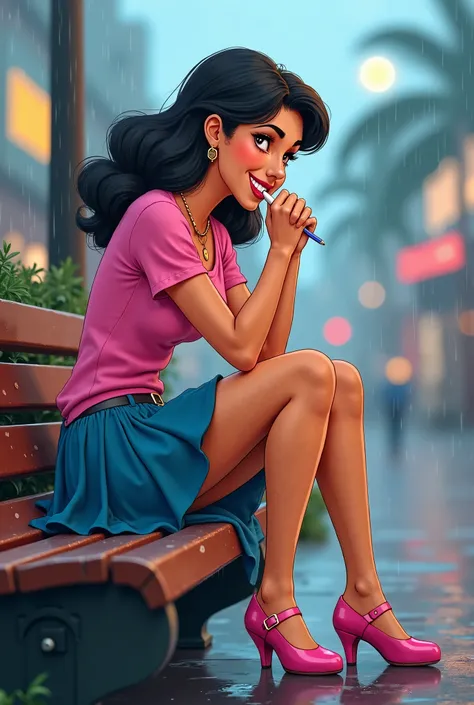 Tip: A very lovely  beautiful Mexican American woman being sad alone on a bench in Downtown San Diego in the rain.. The illustration is a high definition illustration with 4k resolution., with highly detailed facial features and cartoon style visuals, pink...