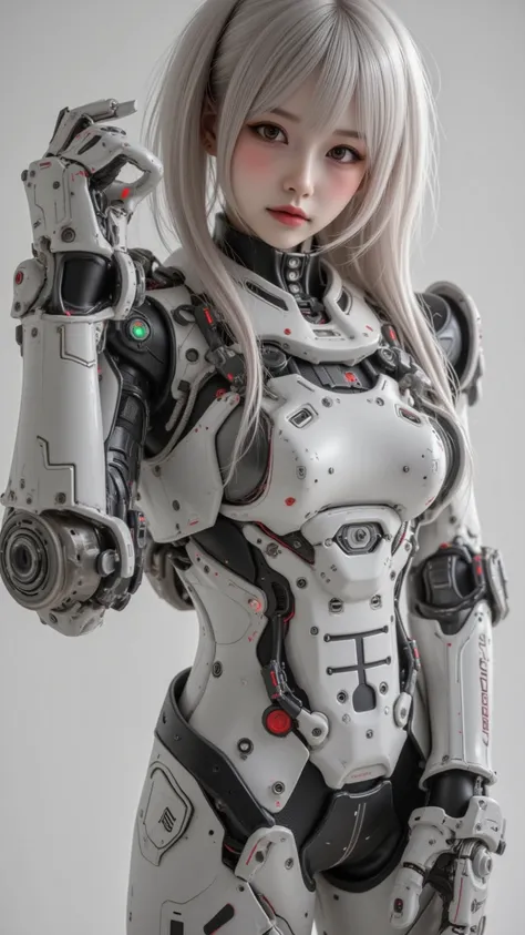 ultra-realistic, photorealistic, dramatic scene, shadow, global-illumination, solo, perfect anatomy, perfect fingers, (young Japanese famous idol girl but cyborg), very beautiful with very cute face, detailed face skin texture, her body is under modifying ...