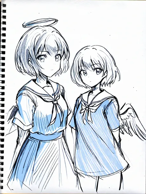 Sketch, short-haired grown-up girl and angel,sailor suit, monochrome