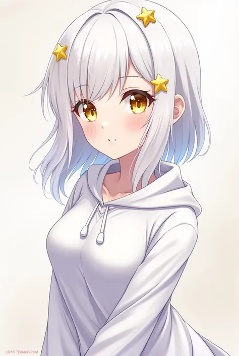 Idol Girl.  with shiny yellow eyes , White hair,  Part of the hair falls out ， The other part of the hair has two star boxes.  with a white costume .  The idol must be anime-style ，And it's very handsome . But me&#39; I hope it's not vulgar . anime style