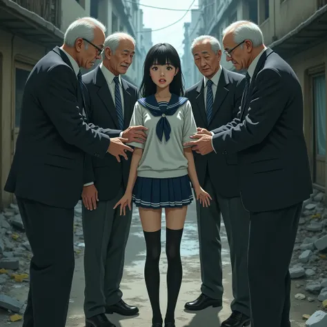 The full body of a Japanese girl in a sailor suit wearing thigh-length socks being touched on her thighs by several old men in a slum