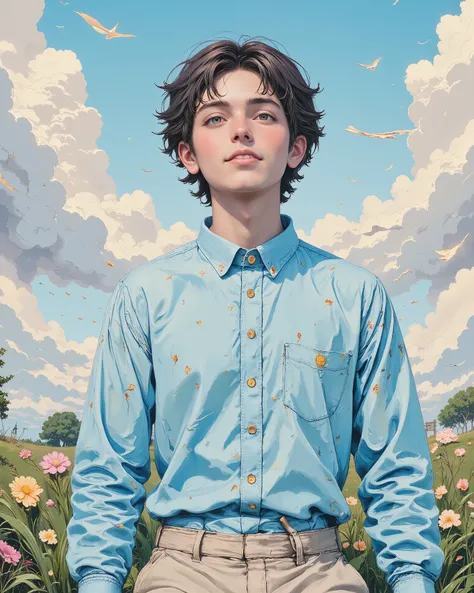 A young man with curly dark hair, sitting peacefully on a lush green grassy field under a bright blue sky filled with fluffy white clouds. He wears a casual blue button-up shirt and light pants, enjoying the warm sunlight on his face with a serene expressi...