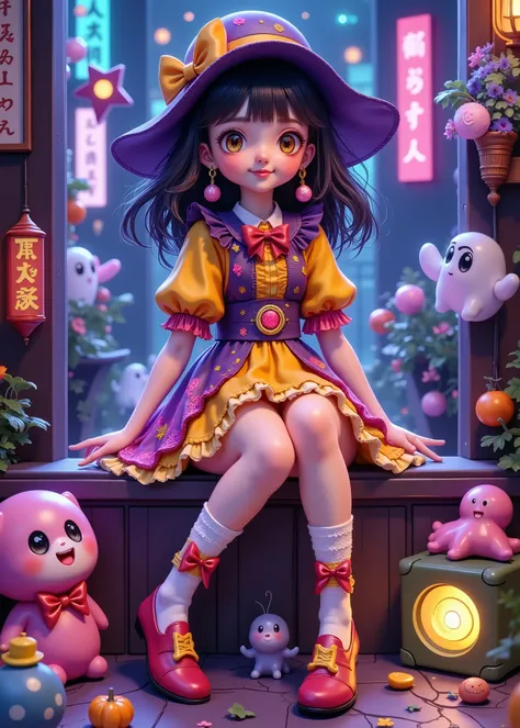 hyper by Nomi , THE FULL BODY OF A CUTE LOOK BEAUTIFUL GIRL IN A TOKYO COSTUME , Putting on your shoes , BLACK LIGHT REACTION , Yellow, pink, purple blue、 WITH SUPPORT ORNAMENTS , Hi-Res, detail face, Watch Viewers , cute style , BEAUTIFUL HYPE...