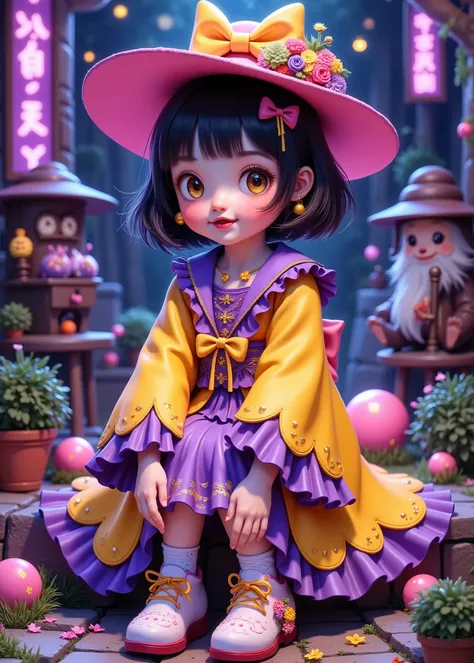 hyper by Nomi , THE FULL BODY OF A CUTE LOOK BEAUTIFUL GIRL IN A TOKYO COSTUME , Putting on your shoes , BLACK LIGHT REACTION , Yellow, pink, purple blue、 WITH SUPPORT ORNAMENTS , Hi-Res, detail face, Watch Viewers , cute style , BEAUTIFUL HYPE...