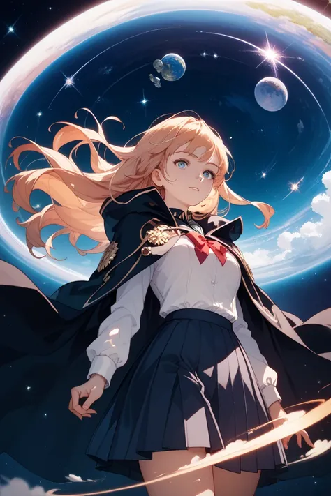 two-sided cloak,[(black cloak),(diffused nebula cloak)],floating  cloak,Extend your right arm horizontally,whole body、 high school girl、uniform、 1 girl,long hair,Wide angle,dynamic angle, from below,deep space,