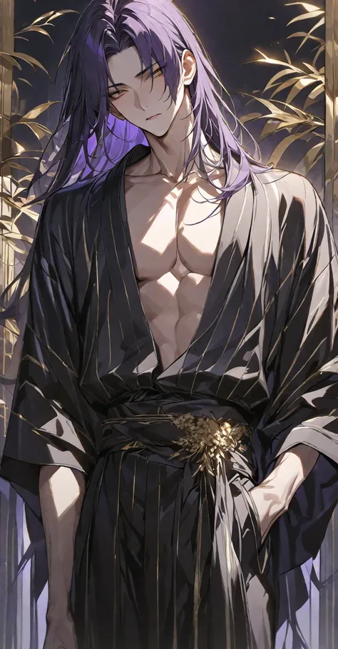  Masterpiece, very well detailed ,  super detailed, One, (1 person), 23 years old, Male - Tall and Slender ,   He wears a simple black kimono with white stripes ,  He has super long dark purple hair that reaches his waist and also has bangs, Glowing golden...