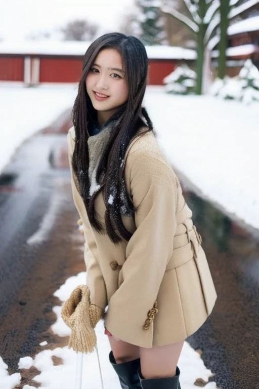  Very Beautiful Japanese Woman   （20 years old， hair， 長いhair，  miniskirt，  long boots， I'm shoveling snow ）  There's snow piled up in the parking lot ，  Cargo trucks line the parking lot，