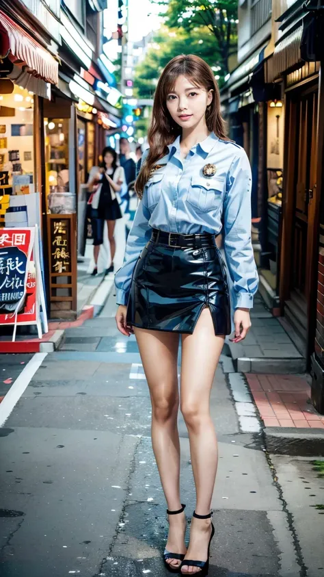 beautiful Japanese woman, 22 years old, perfect anatomy, healthy thighs, beautiful legs, beautiful skin, random hair color, random hairstyle, large breasts, female police officer, (Japanese police uniform:1.3), (miniskirt:1.3), (she is standing:1.2), full ...