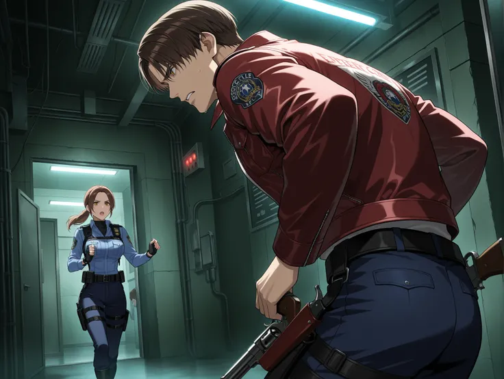 masterpiece, newest, absurdres, safe, anime screencap, 1boy, 1girl, Leon from Resident Evil \(brown hair, parted hair, police uniform, tall\), Claire from Resident Evil \(brown hair, ponytail, hair on face, red leather jacket\), running, expression of fear...