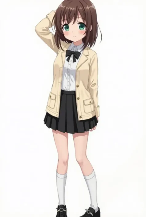 ,A 17-year-old anime girl with brown hair with average length and green eyes and white skin, wearing a school uniform consisting of a high-neck shirt with long sleeves with a bow at the neck and a pleated black skirt that reaches her thighs and a cream-col...