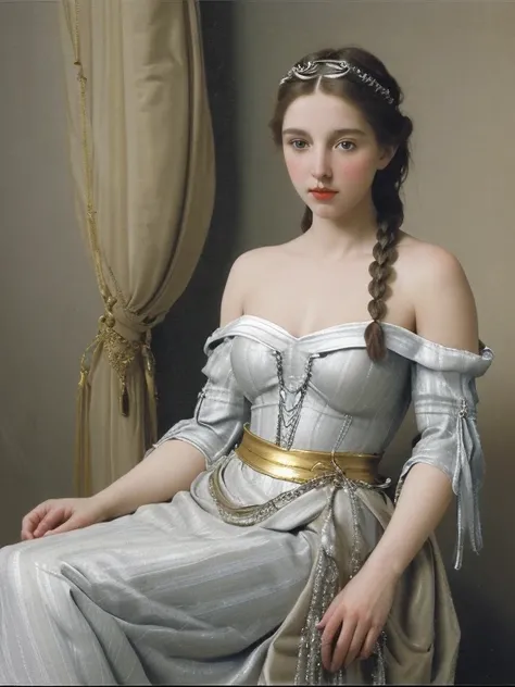  A young woman with blue - gray eyes and golden brown hair in rope braids in a coronet around her head held by a silver circlet. She wears a silver dress with an ivory bodice striped with silver ribbons and an off shoulder neckline and off shoulder bishop ...