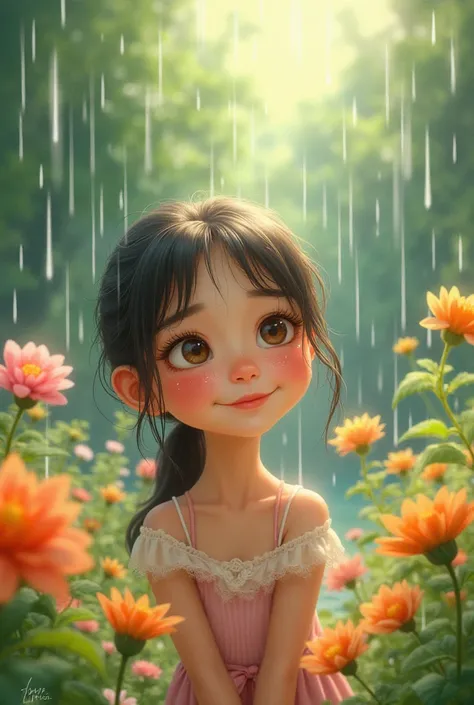 Make cute looking girl with attractive face in garden enjoying rain among flowers 