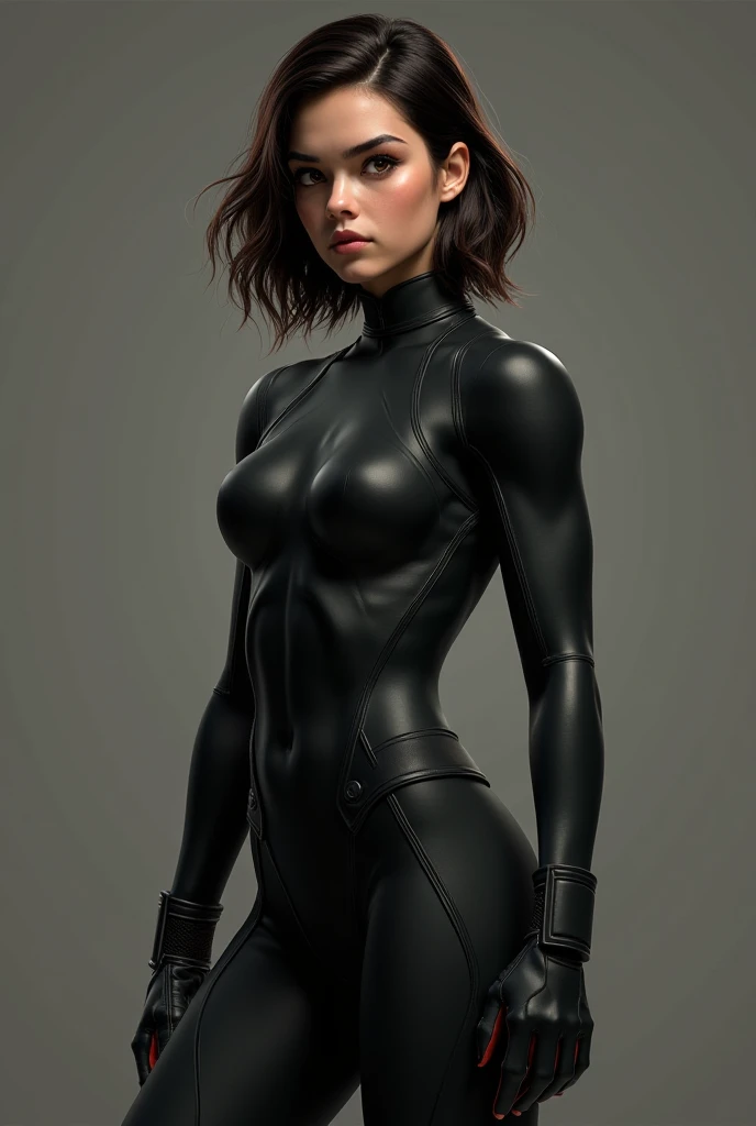  Darcie is a girl with an articulated and well-trained physique,  with dark brown hair , Slightly wavy ,  that frames her firm face . Wear a black combat suit. His eyes are cold.