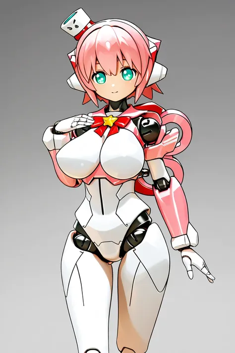 anime style, 1girl, younger female, big breasts, humanoid robot, doll joints, mecha musume, winding key, kuudere, cute, 3d, perfect hands, high resolution, high quality, hd