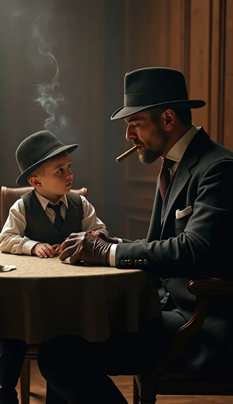 Create image of a boy dressed in clothes from the 1900s, gangster style, Peaky Blinders,  sitting at the same table , together with his father ,  who also wears the same clothing style ,  the father is talking to his son while smoking a cigar