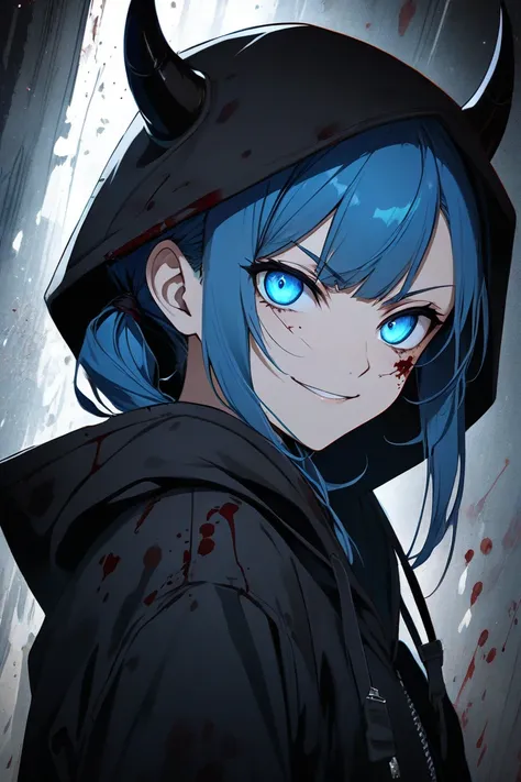 anime style. young girl with blue hair tied into low pigtails, with full fringe. half-lidded cold blue eyes and a confident smirk, an evil expression. black hoodie with the hood up, black devil horns on the hood. high camera angle. dark lighting, glowing e...