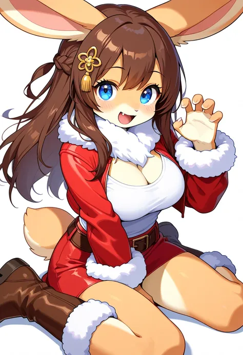 1girl, (furry, kemono:1.4), rabbit girl, animal nose, rabbit ears, solo, skirt, breasts, boots, cleavage, sitting, wariza, white background, open mouth, brown hair, jacket, looking at viewer, simple background, fur trim, hair ornament, braid, claw pose, sm...