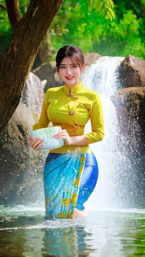 A beautiful Burmese girl is wet with water and looking at the photographer with a smiling face. Everyone wants to love her because of her curvy body. Clear and high resolution, flawless photo editing. Natural scenery HD 3D.