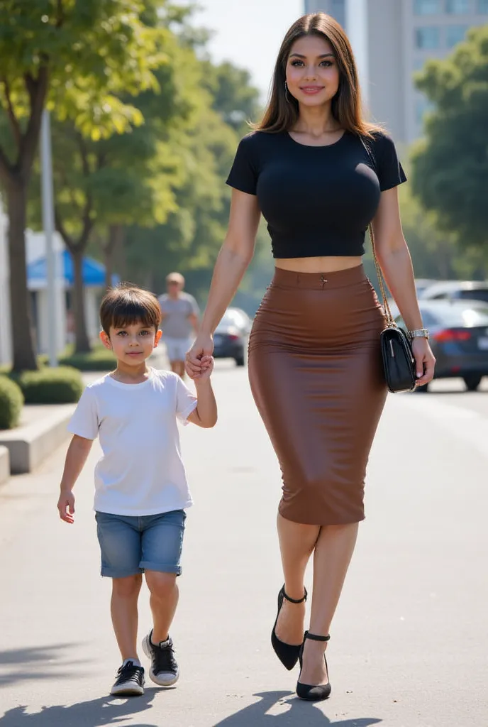 Asian mom hourglass shaped body woman, 5'8" tall, wearing black croptop tshirt, walking in street, black high heels louboutins, Sunny Summer Day, bag, watch and bracelet,, walking hand on hand with male youngboy  , realistic, safe for work, littleboy,with ...