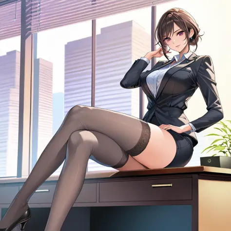 asian woman in a business suit sitting on a window sill, elegant legs, good hips and long legs, attractive pose, pretty face with arms and legs, thighhighs and skirt, girl in a suit, business woman, in a business suit, wearing tight suit, office clothes, l...