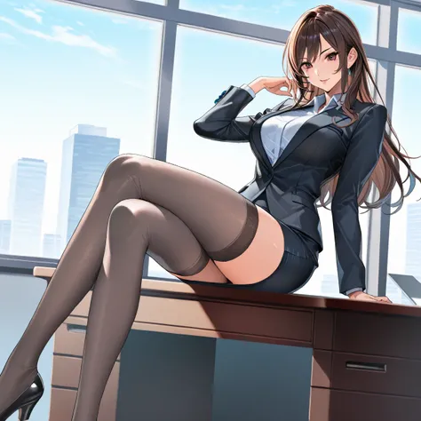 asian woman in a business suit sitting on a window sill, elegant legs, good hips and long legs, attractive pose, pretty face with arms and legs, thighhighs and skirt, girl in a suit, business woman, in a business suit, wearing tight suit, office clothes, l...