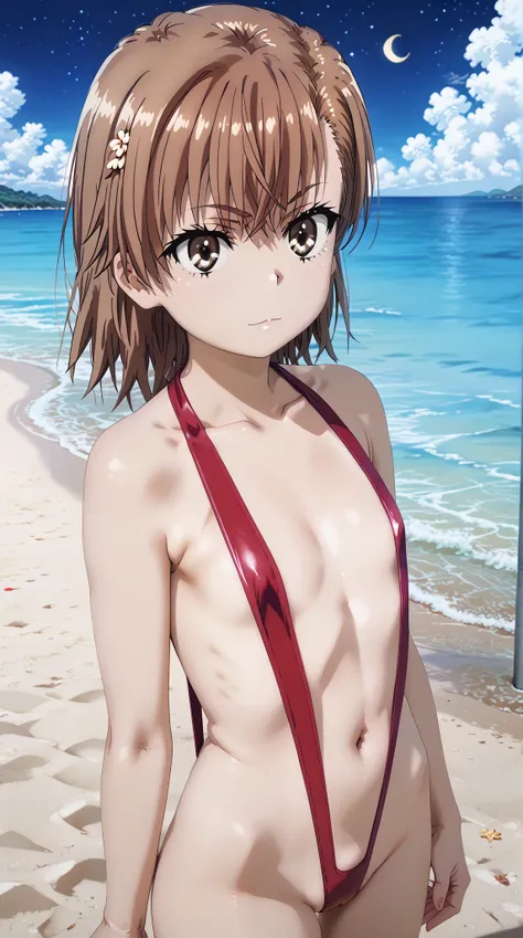 (UHD, retina, masterpiece, accurate, anatomically correct, super detail, high details,     highres, 1080P, 16k:1.3)、 (misaka mikoto:1.3)、 short hair, brown hair、(flat chest:1.5)、(slingshot swimsuit:1.3)、(beach, sea:1.3)、(night sky, starry sky, crescent moo...