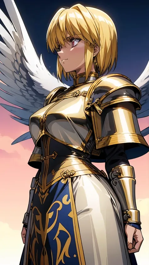 woman in her 20s、1 person、angelic、There are large white wings on the back、Has 6 wings、Swan wings、With a round face、round chin、Close-up of a woman in armor with a sword, Armor girl, female knight, big and full breasts、full armor, full armor, gorgeous female...